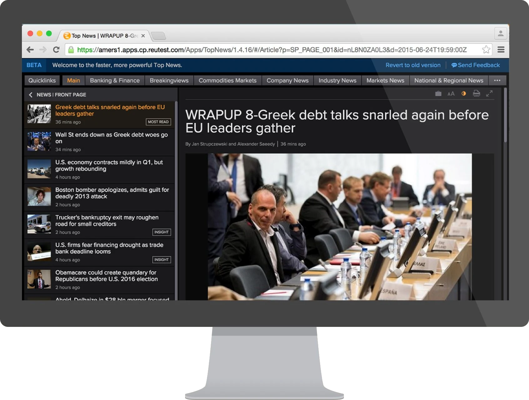 Eikon Top News responsive interface on the Thomson Reuters platform