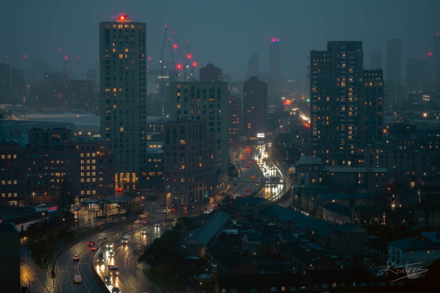 London skyline at dusk in fog